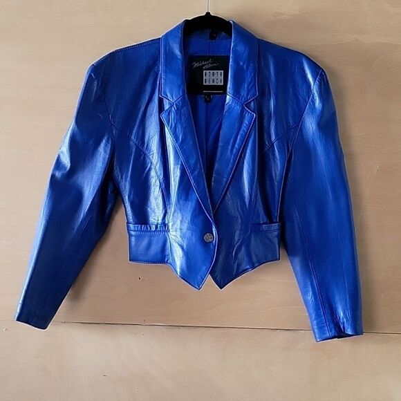 VTG Michael Hoban North Beach XS S 80s Blue Leather Jacket Cropped Peplum Moto